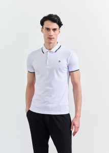 ADZE - Erkek Beyaz Slim Fit Basic Çizgili Polo Yaka T-shirt
