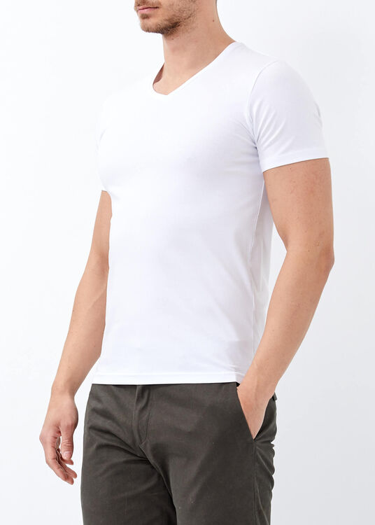 Men's White Slim Fit Lycra Basic T-Shirt - 5