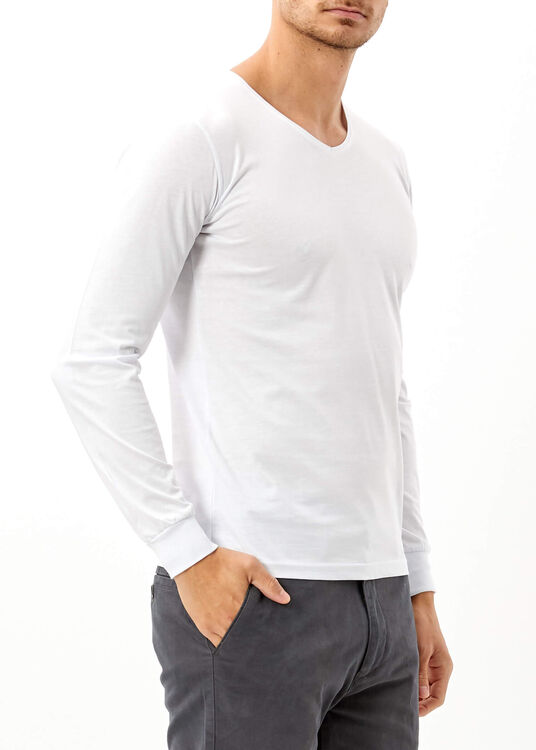Erkek Beyaz V Yaka Basic Büyük Beden Sweatshirt - 4