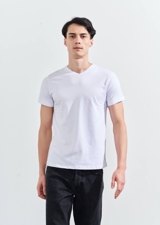 Erkek Beyaz V Yaka Basic Likralı T-shirt 