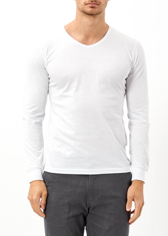 Erkek Beyaz V Yaka Basic Uzun Kol Sweatshirt