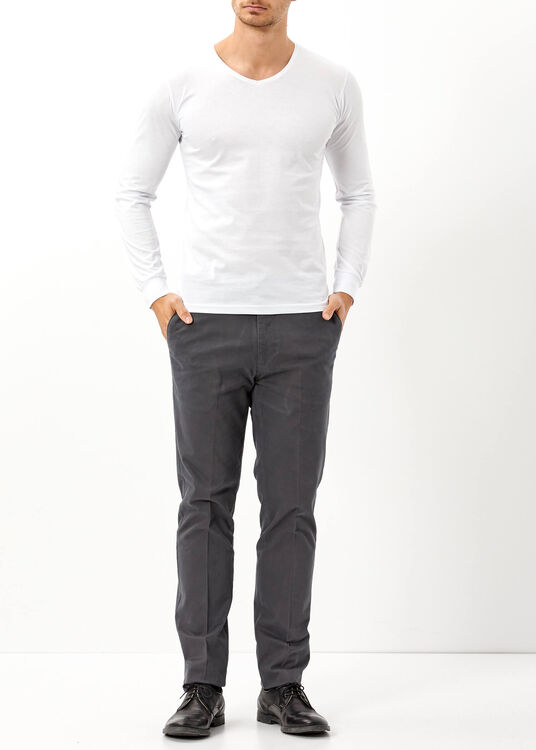 Erkek Beyaz V Yaka Basic Uzun Kol Sweatshirt - 2