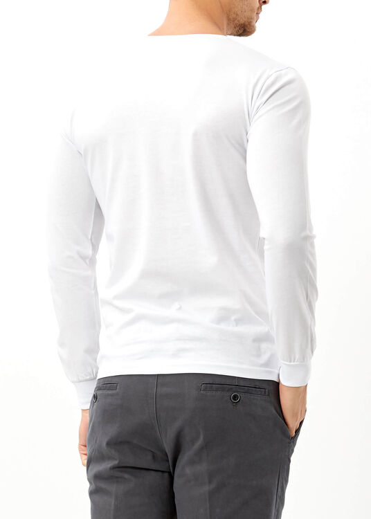 Erkek Beyaz V Yaka Basic Uzun Kol Sweatshirt - 3