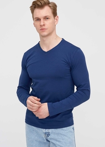 Erkek İndigo V Yaka Uzun Kol Basic Sweatshirt 