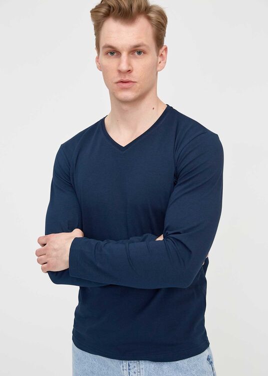 Erkek Lacivert V Yaka Uzun Kol Basic Sweatshirt