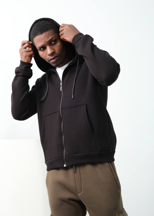 Erkek Siyah Kapşonlu Cepli Şardonlu Sweatshirt