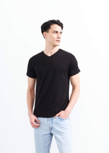ADZE - Erkek Siyah V Yaka Basic Likralı T-shirt 