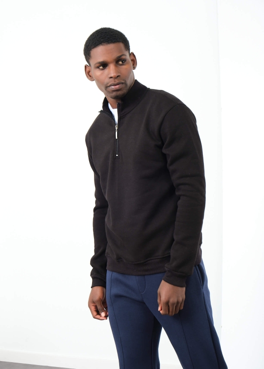 Erkek Siyah Yarım Balıkçı Fermuarlı Basic Şardonlu Sweatshirt