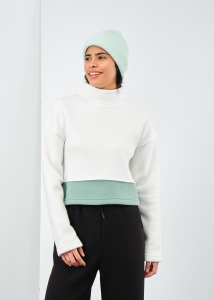ADZE - Kadın Beyaz-Mint Balıkçı Yaka Şardonlu Sweatshirt