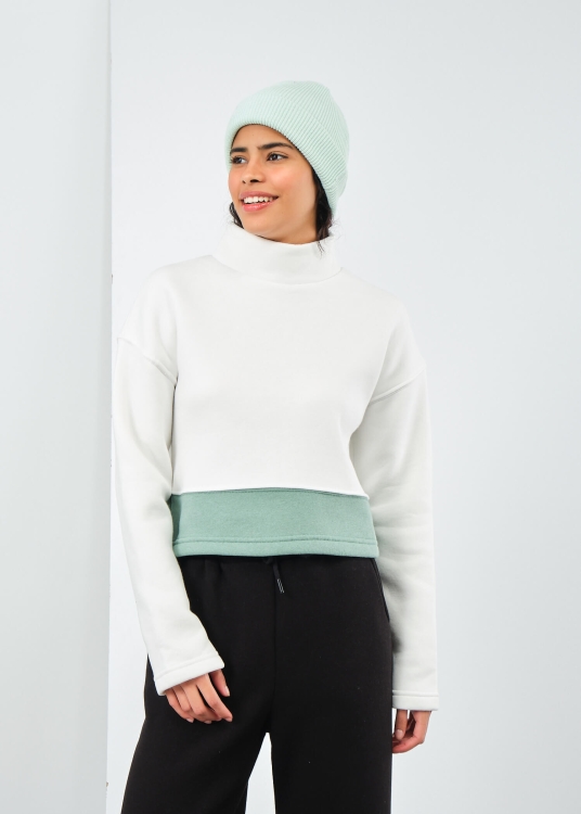 Kadın Beyaz-Mint Balıkçı Yaka Şardonlu Sweatshirt