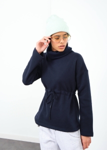 ADZE - Kadın Lacivert Balıkçı Yaka Bel Bağlamalı Şardonlu Sweatshirt