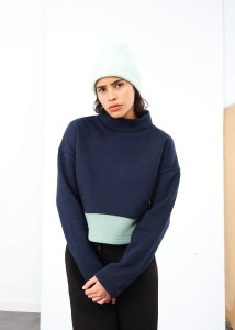ADZE - Kadın Lacivert-Mint Balıkçı Yaka Şardonlu Sweatshirt