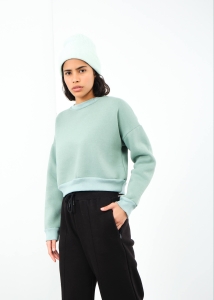 Kadın Mint Bisiklet Yaka Basic Kısa Şardonlu Sweatshirt