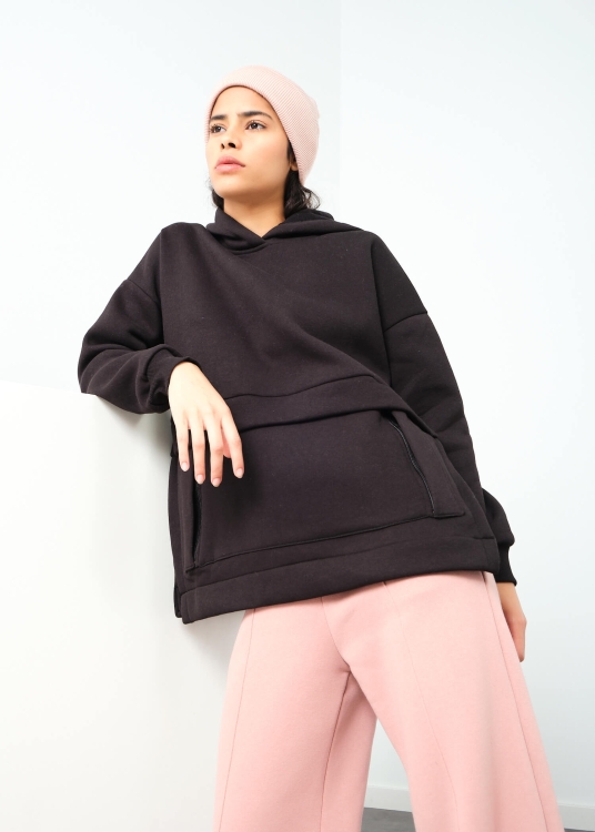Kadın Siyah Yırtmaç Detay Cepli Kapşonlu Şardonlu Sweatshirt