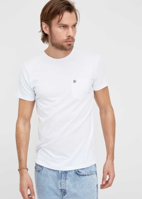 ADZE TOPTAN - Toptan Erkek Beyaz Bisiklet Yaka Cepli Basic T-shirt 