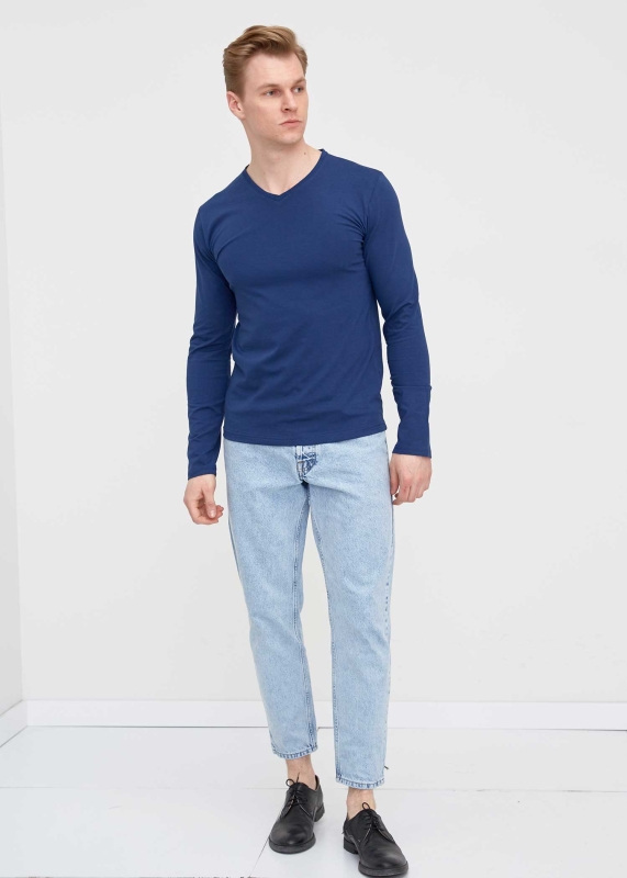 Toptan Erkek İndigo V Yaka Uzun Kol Basic Sweatshirt - 2