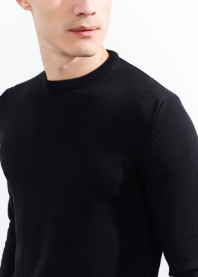  Wholesale Men's Black Crew Neck Basic Cotton Sweater - 3
