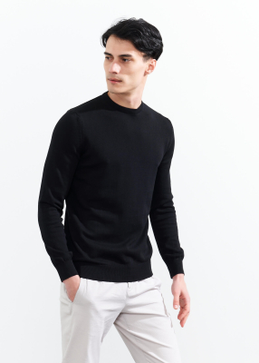 Wholesale Men's Black Crew Neck Basic Oversize Cotton Sweater - 4