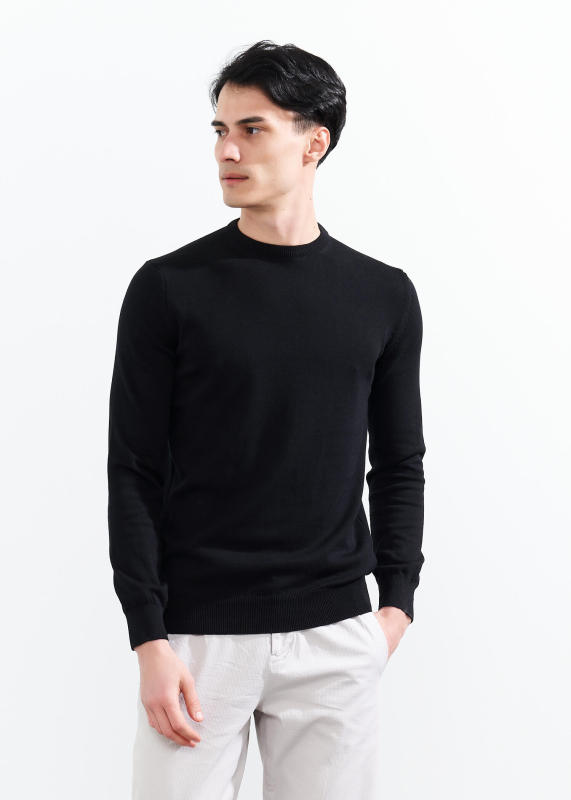 Wholesale Men's Black Crew Neck Basic Oversize Cotton Sweater - 1