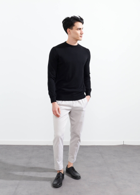 Wholesale Men's Black Crew Neck Basic Oversize Cotton Sweater - 2
