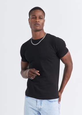 Wholesale Men's Black Crew Neck Lycra T-shirt - 3