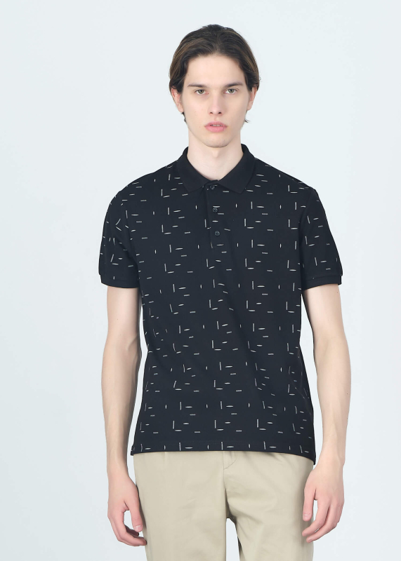 Wholesale Men's Black Printed Polo Neck Regular Fit T-shirt - 1