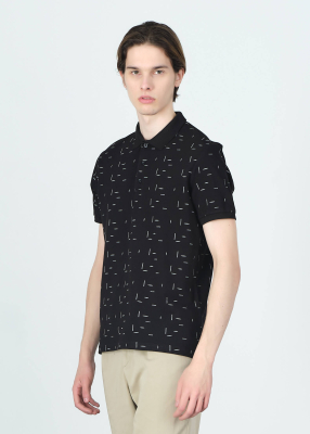 Wholesale Men's Black Printed Polo Neck Regular Fit T-shirt - 3