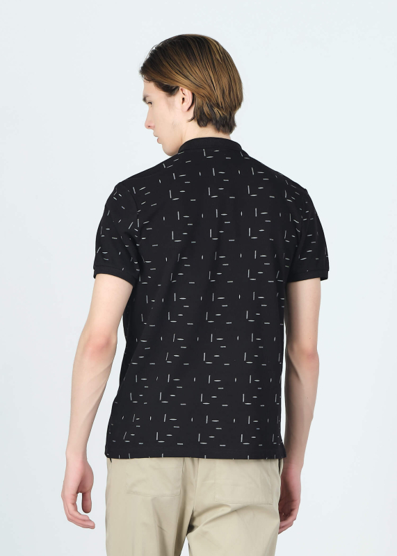 Wholesale Men's Black Printed Polo Neck Regular Fit T-shirt - 4