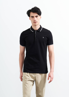 Wholesale Men's Black Striped Polo Neck T-shirt 