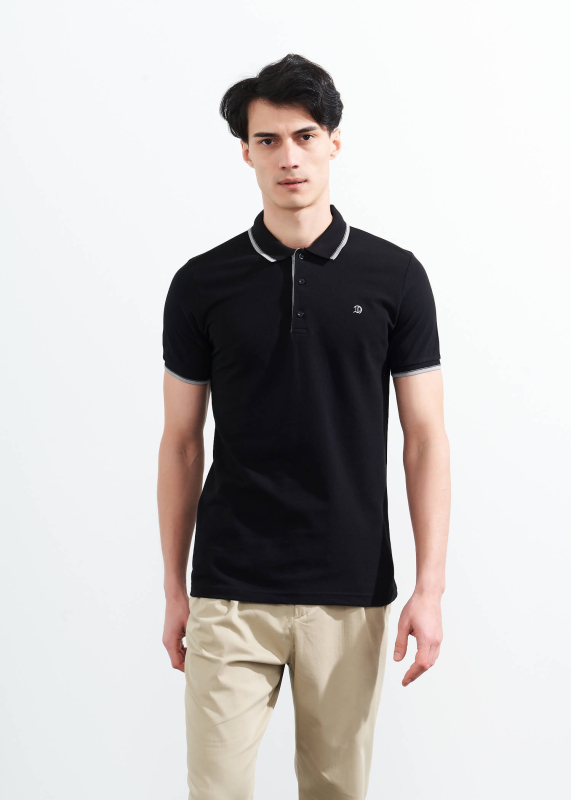 Wholesale Men's Black Striped Polo Neck T-shirt - 1