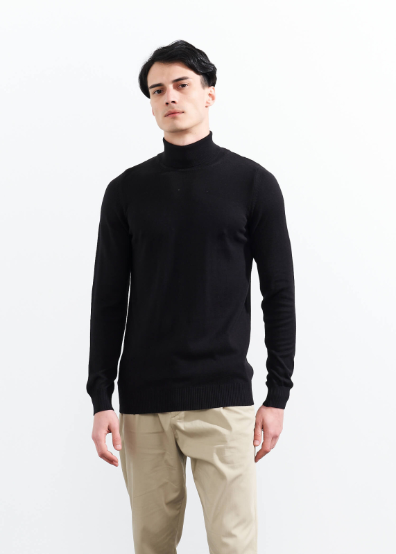 Wholesale Men's Black Turtle Neck Viscose Basic Sweater - 1