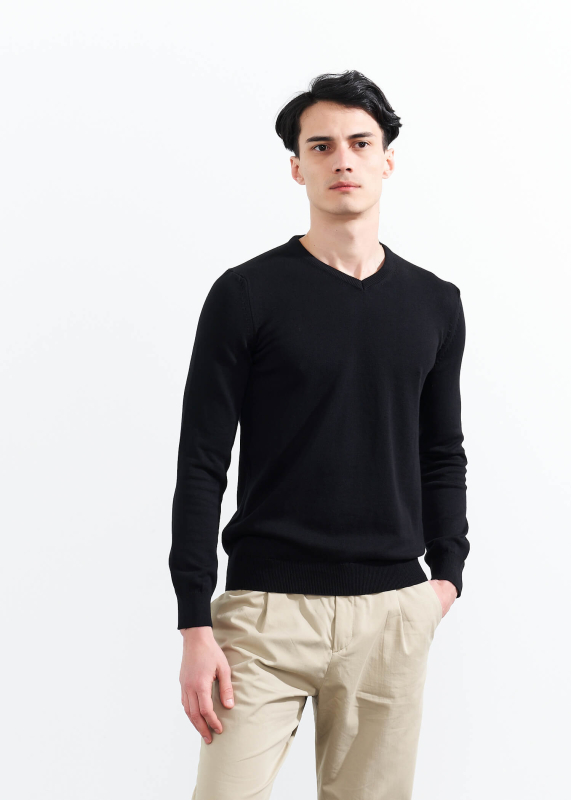 Wholesale Men's Black V Neck Basic Cotton Sweater - 1