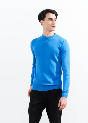  Wholesale Men's Blue Crew Neck Basic Cotton Sweater 