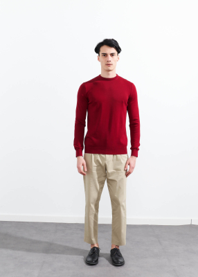 Wholesale Men's Burgundy Crew Neck Basic Oversize Cotton Sweater - 2