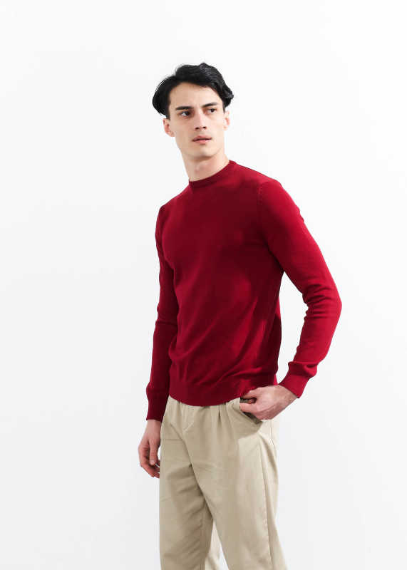 Wholesale Men's Burgundy Crew Neck Basic Oversize Cotton Sweater - 4
