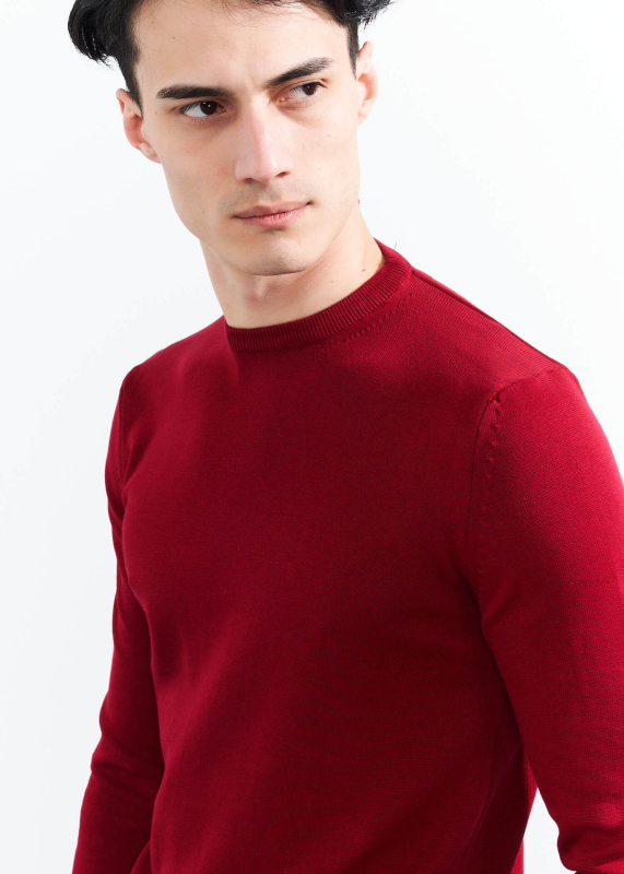 Wholesale Men's Burgundy Crew Neck Basic Oversize Cotton Sweater - 3