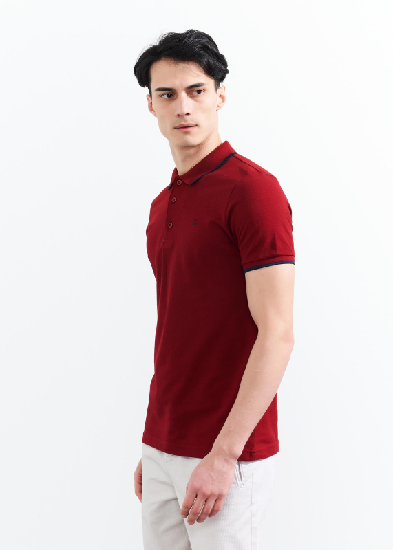 Wholesale Men's Burgundy Striped Polo Neck T-shirt - 3