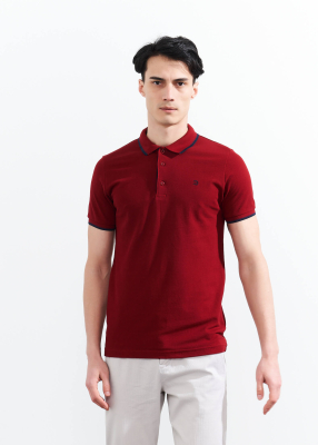 Wholesale Men's Burgundy Striped Polo Neck T-shirt 