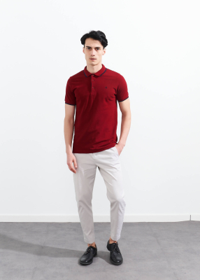 Wholesale Men's Burgundy Striped Polo Neck T-shirt - 2