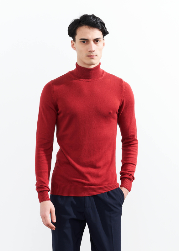 Wholesale Men's Burgundy Turtle Neck Viscose Basic Sweater - 1