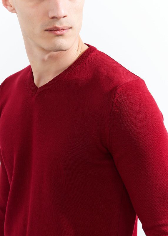  Wholesale Men's Burgundy V Neck Basic Cotton Sweater - 3