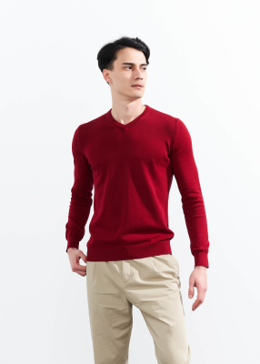  Wholesale Men's Burgundy V Neck Basic Cotton Sweater 