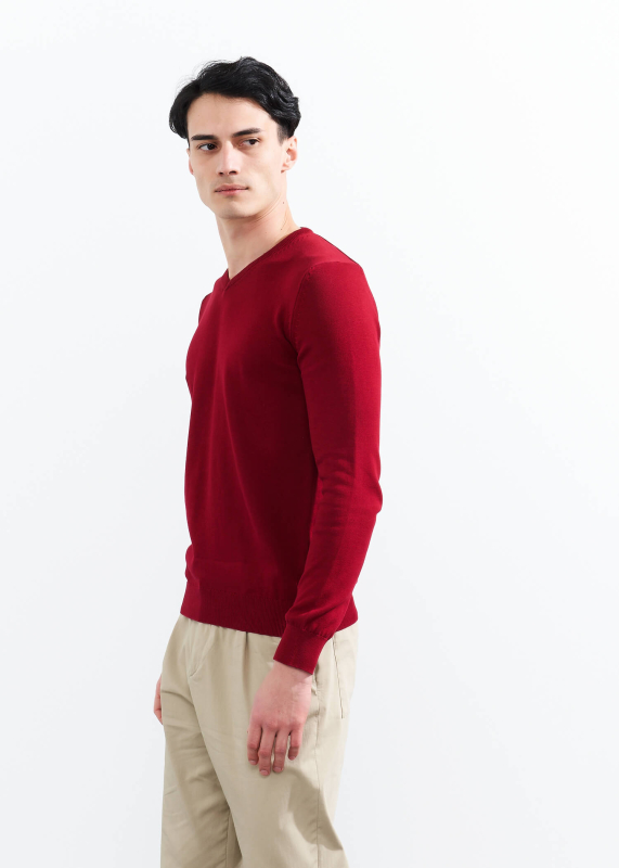  Wholesale Men's Burgundy V Neck Basic Cotton Sweater - 4