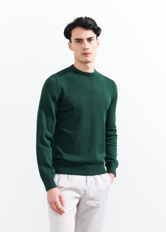  Wholesale Men's Dark Green Crew Neck Basic Cotton Sweater - 1