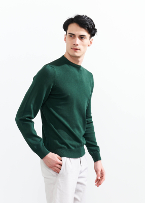  Wholesale Men's Dark Green Crew Neck Basic Cotton Sweater - 4