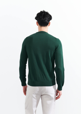  Wholesale Men's Dark Green Crew Neck Basic Cotton Sweater - 5
