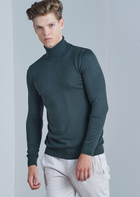 Wholesale Men's Dark Green Turtle Neck Viscose Basic Sweater - 4