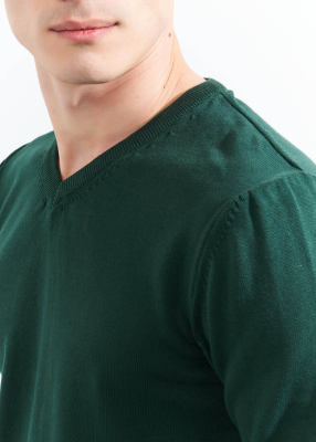  Wholesale Men's Dark Green V Neck Basic Cotton Sweater - 3
