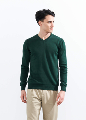  Wholesale Men's Dark Green V Neck Basic Cotton Sweater 