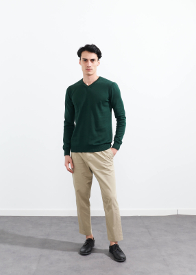  Wholesale Men's Dark Green V Neck Basic Cotton Sweater - 2